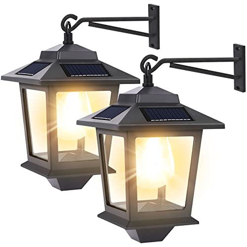 2 Pack Solar Wall Lanterns with Replaceable Bulb,Outdoor Hanging Solar Lights with 4 Solar Panels,Dusk to Dawn Led Outdoor Wall Sconce,Anti-Rust Waterproof Wall Lanterns with Hooks,3000K Warm White