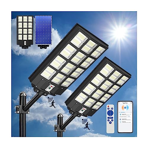 2 Pack Solar Street Light Outdoor,2000W 250000LM 6500K with Mobile App Remote Control Dusk to Dawn LED Solar lights, IP67 Waterproof Solar Flood Lights with Motion Sensor for Yard Garden Parking Lot