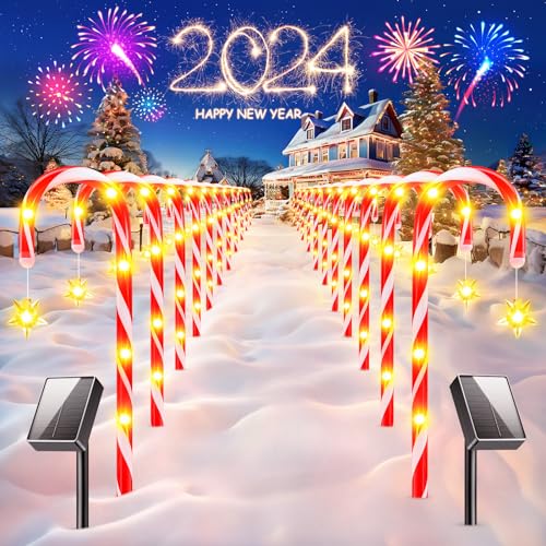 24 Pack Christmas Decorations Outside, 2 Sets of 12 KOOPER 19” Solar Candy Cane Christmas Decorations Outdoor Yard with 8 Modes and 144 Bright LED, Waterproof Christmas Candy Cane Pathway Lights